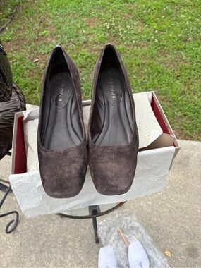 Donald J. Pliner Dark Brown Suede Square-Toe Flats With Croc Embossed Heels